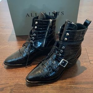 Allsaints Katy Boots in Black Croc Leather Size 7 NIB